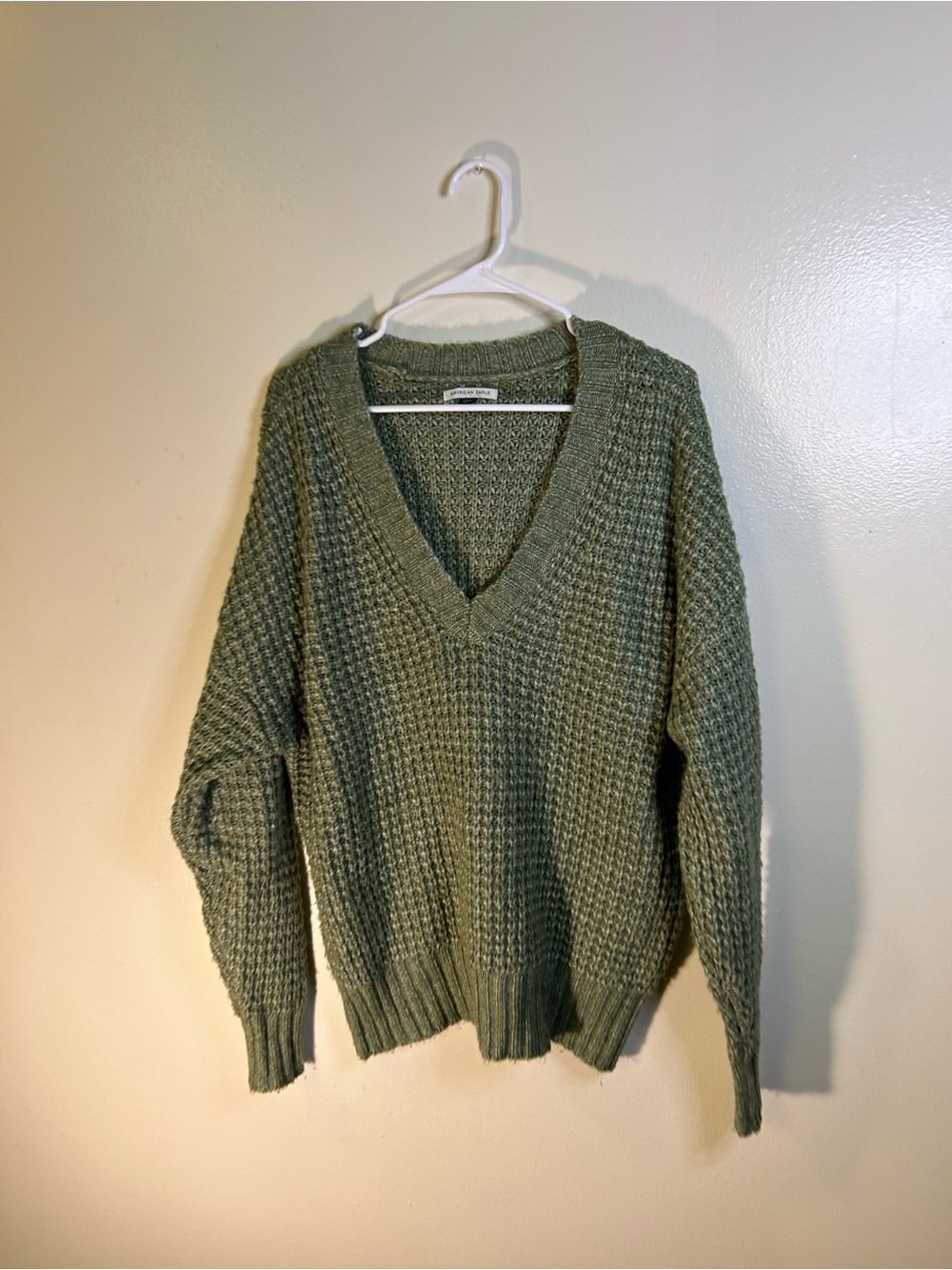 American Eagle Outfitters Olive V-Neck Chunky Knit Sweater